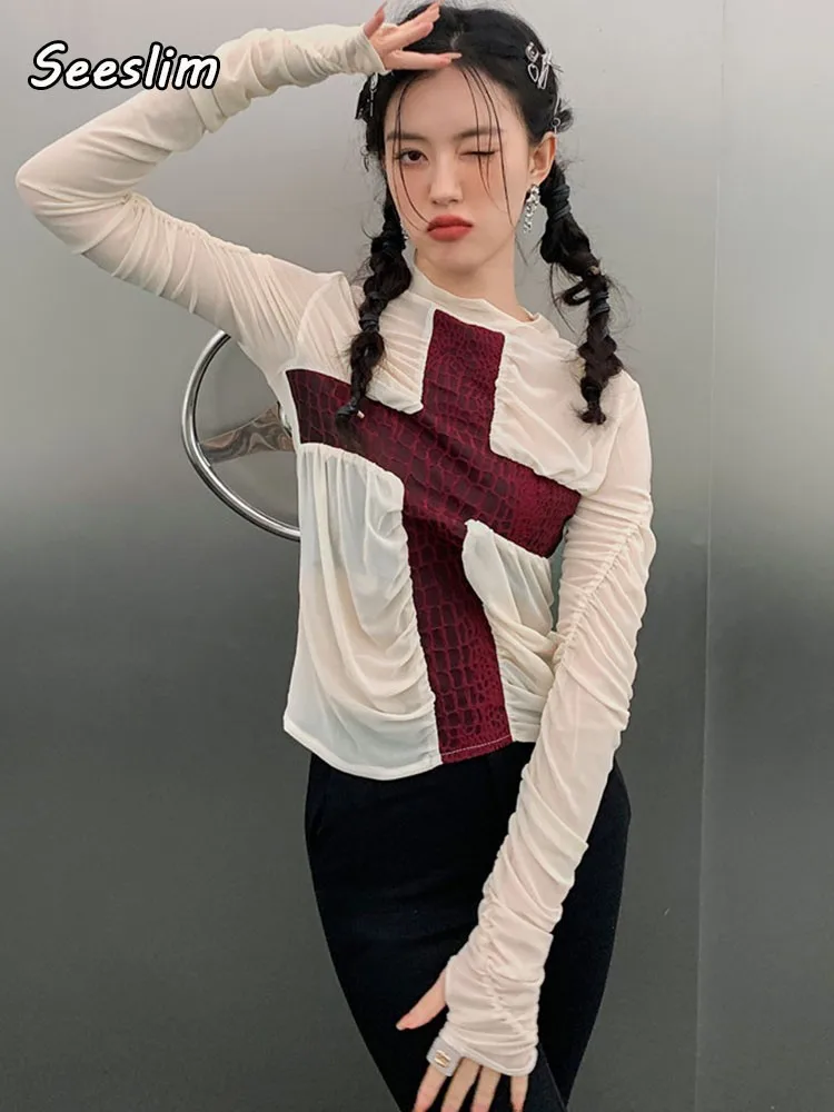 

Женская водолазка Seeslim Y2k, Сетчатая футболка с длинным рукавом, Прозрачная Футболка в стиле пэчворк, летняя модная одежда, 2022