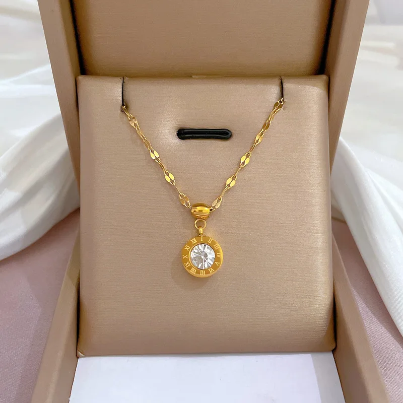 

Exquisite Zircon Roman Circle Pendant Necklace Real Gold Plated Stainless Steel Choker Chain Party Birthday Anniversary Gift