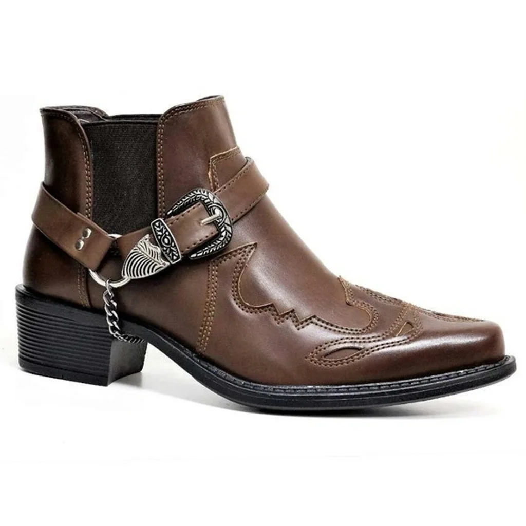 Men's Vintage Cowboy Boots Leather High Top Chain Buckle Strap Punk Shoes Pointed Toe Biker Boots Men M812