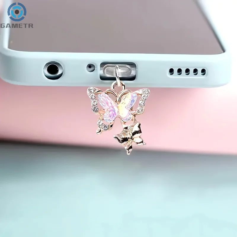 1PC New Butterfly With Artificial Diamonds Accessory Decoration For Phone Type-c Port Mobile Phone Dust Plug Pendant - Image 3