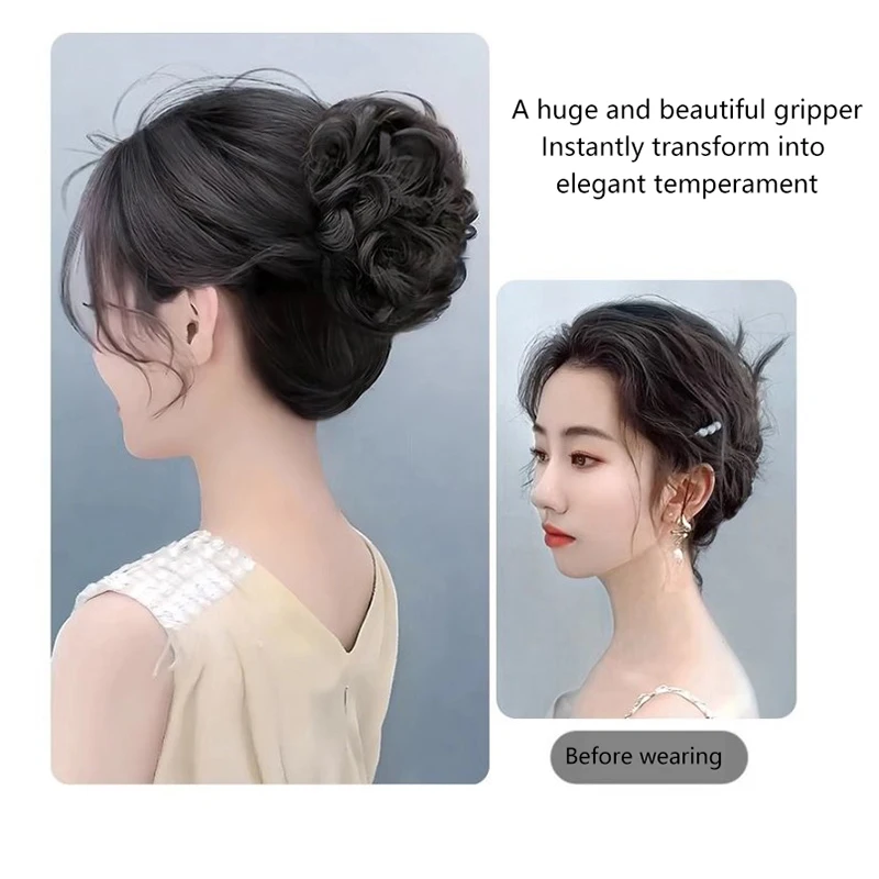 1 Pezzo di Chignon Sintetico Realistico, Parrucca Riccia Disordinata con Clip a Forma di Bocciolo di Fiore, Elastico per Capelli Finti da Donna, in Seta Resistente alle Alte Temperature. - immagine 3