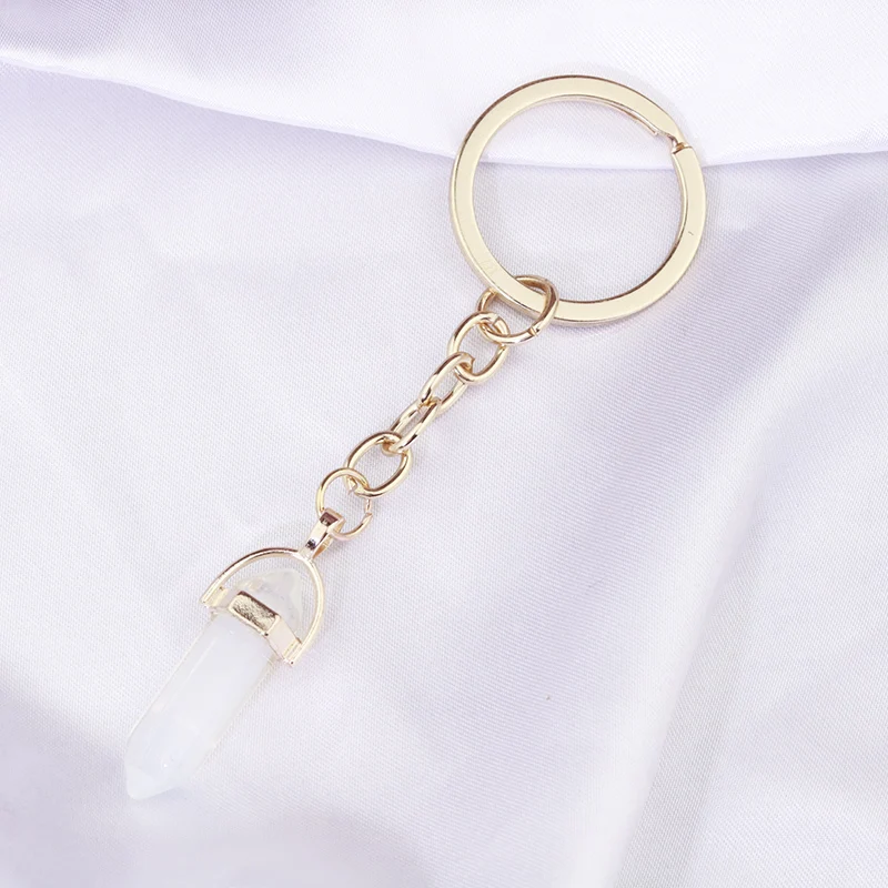 20pcs Natural Stone Hexagon Prism Crystal Quartzs Keychain Women Men Handbag Hangle Car Key Holder KeyRing Jewelry