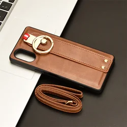 Luxury Leather Phone Case with Wristband, Hand Strap, Kickstand, and Metal Ring for Sony 5V 2023 (Brown)