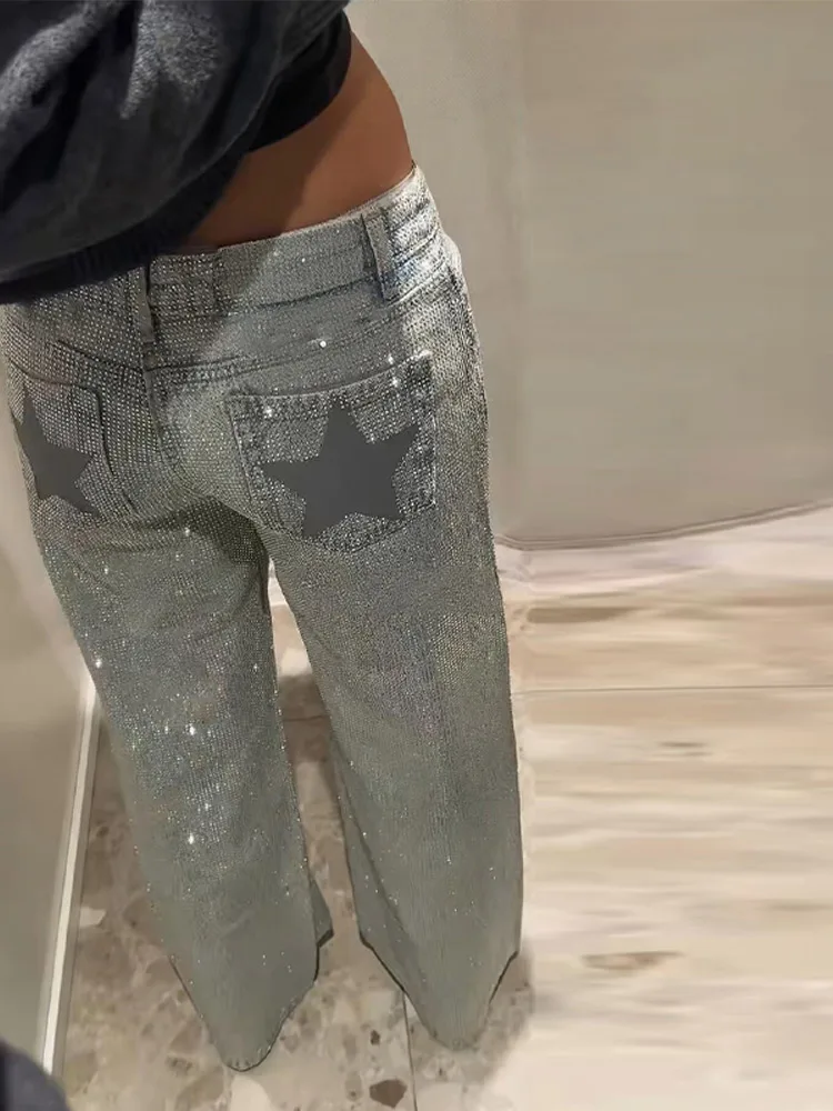 Y2K Sequin Straight Zipper Female Stars Jeans Fashion Loose Women Denim Pants 2026 Spring Wide Leg Female Trousers High Street 1