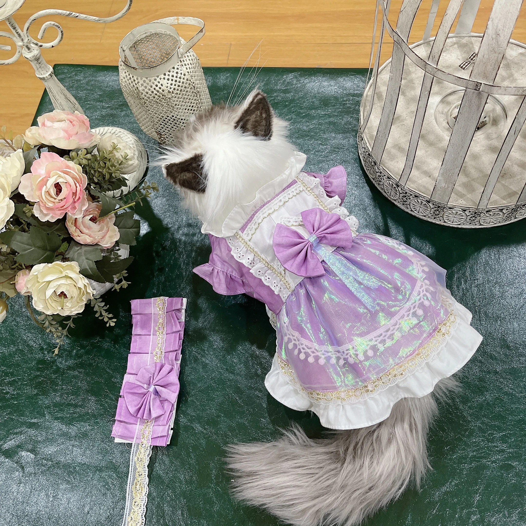 

Cat Dress , Purple Reflective Fabric Dog Clothes, Little Flying Sleeves and Lace, For All Seasons, Pet Skirt For Kitten,Puppy