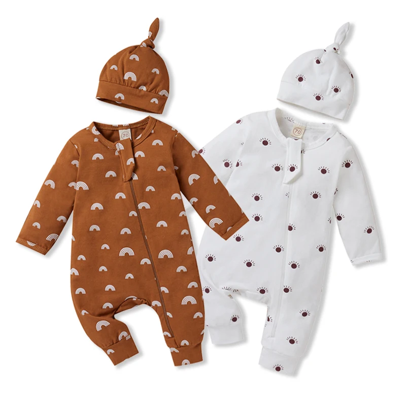 

Rainbow Print Unisex Baby Zipper Romper with Cap Spring Fall Long Sleeves Newborn Boy Girl Jumpsuit Infant Casual Cotton Clothes