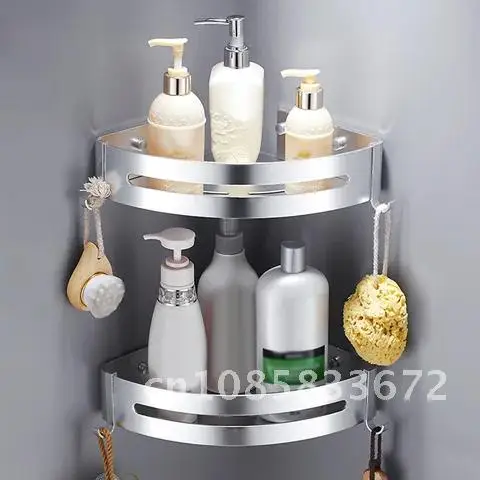 

Wall Mounted Bathroom Shelf No Drilling Adhesive 2 Tiers 6 Hooks Corner Shower Caddy Storage Rack Holder for Kitchen Hanging