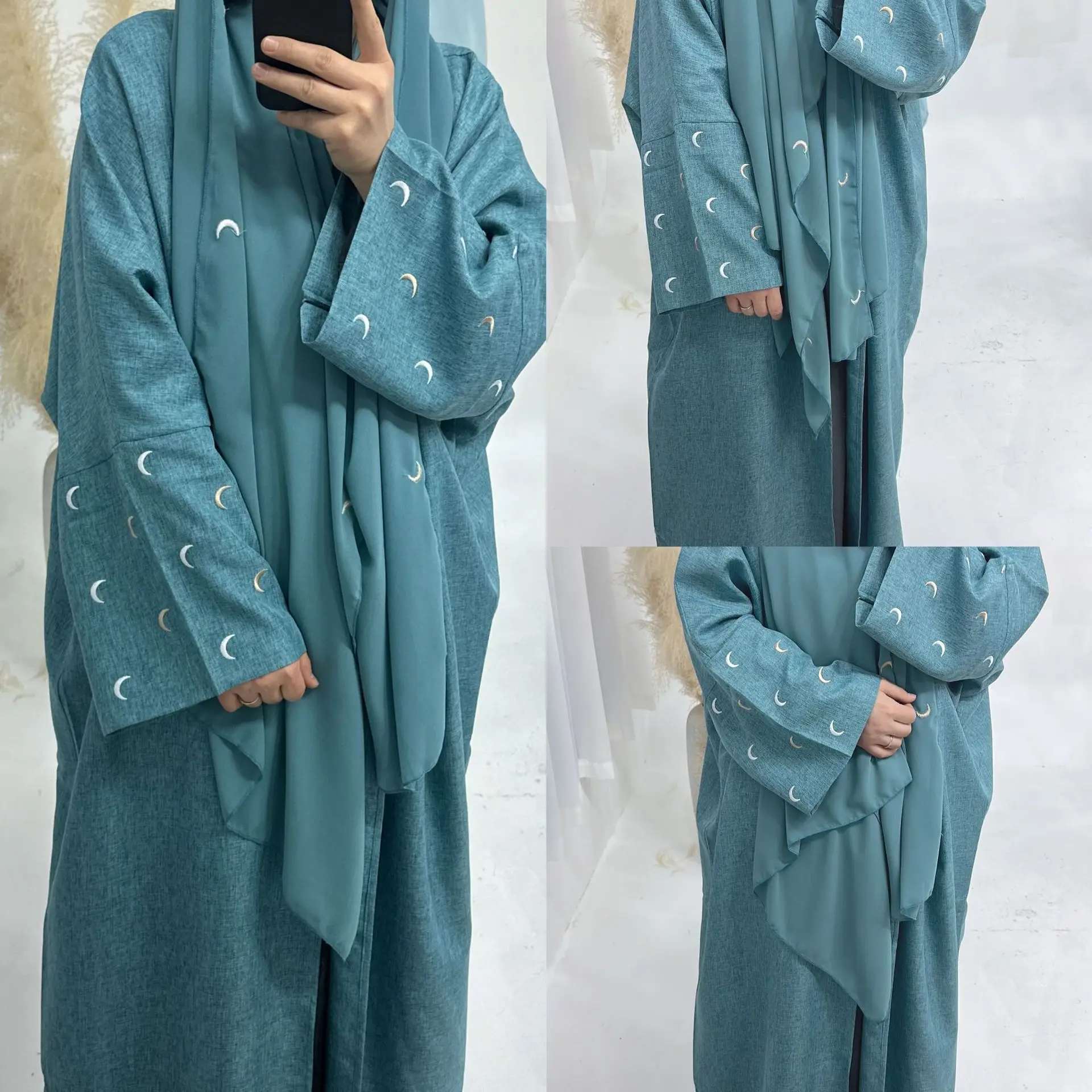 

Ramadan Eid Muslim Women Embroidery Moon Cardigan Kimono Jalabiya Dubai Kaftan Islamic Dress Coat Arabic Robe Turkey Dubai Abaya