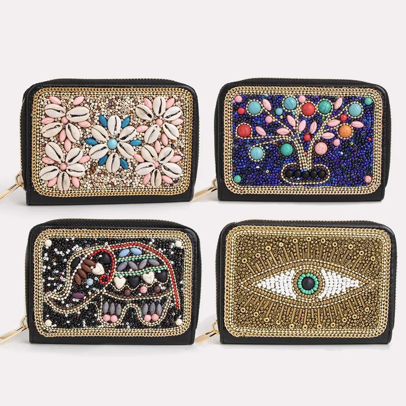 Bohemian Style Coin Pouch for Women Luxury Mini Beading Purse Butterfly Flowers Zipper Card Bag Cute Stone Sqaure Wallet Cartera