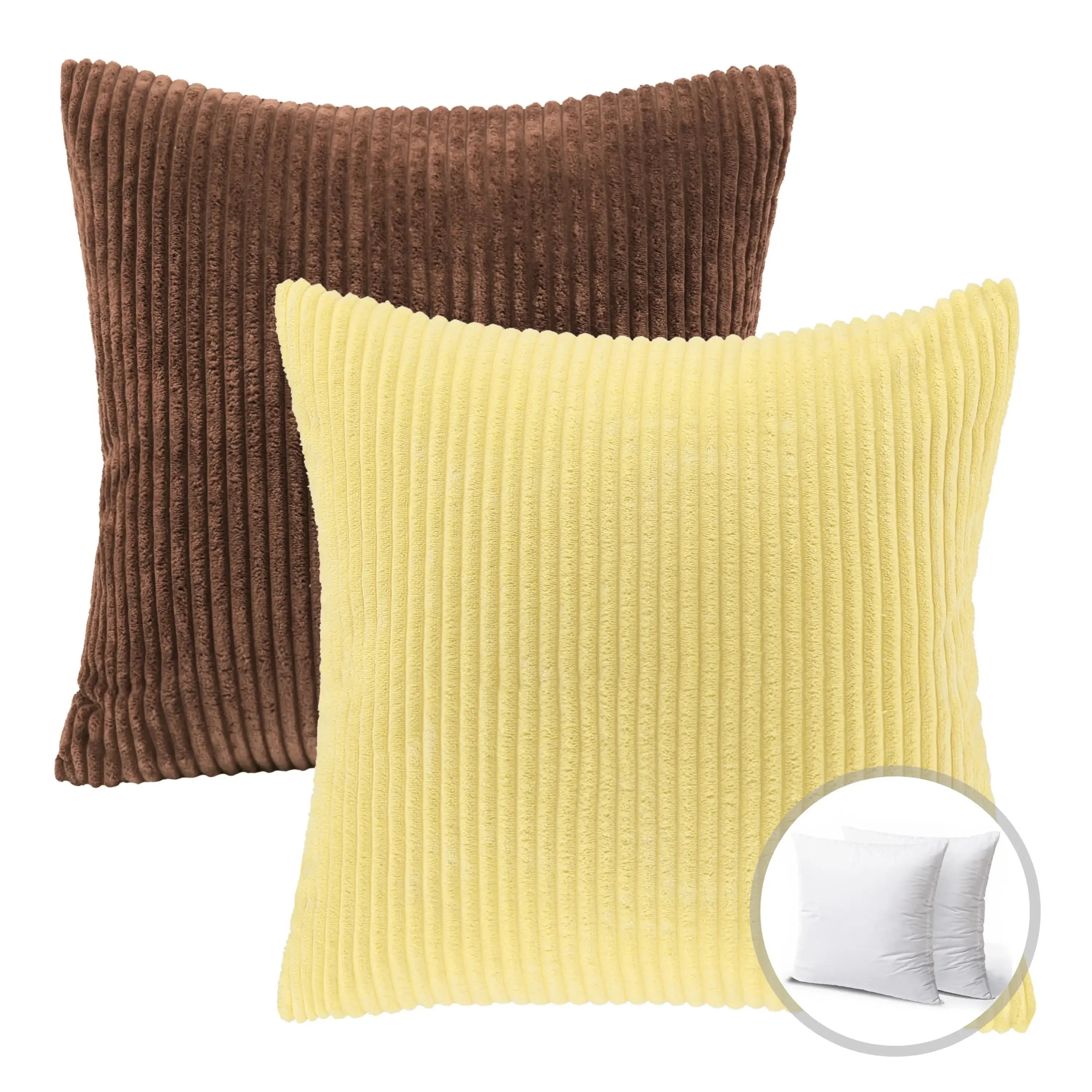 Christmas holiday Decorative Throw Pillow Bundle Set, Corduroy Striped Velvet Series Covers with inserts, 18 x 18, Dark Coffee 4
