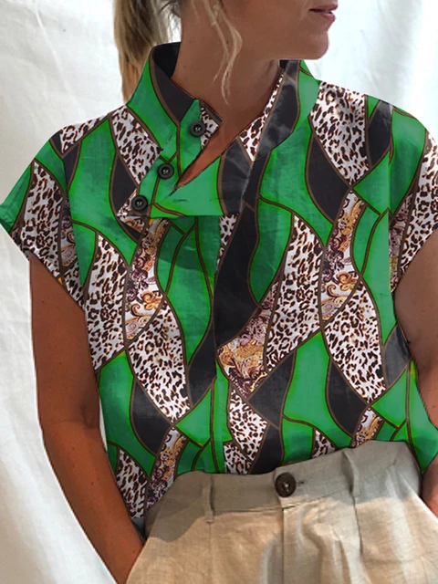 Celmia Women Short Sleeve Blusas 2022 Summer Cotton Linen Shirts Fashion Oversized Blouses Casual Loose Camisas Solid Tunic Tops Green (Leopard 2)