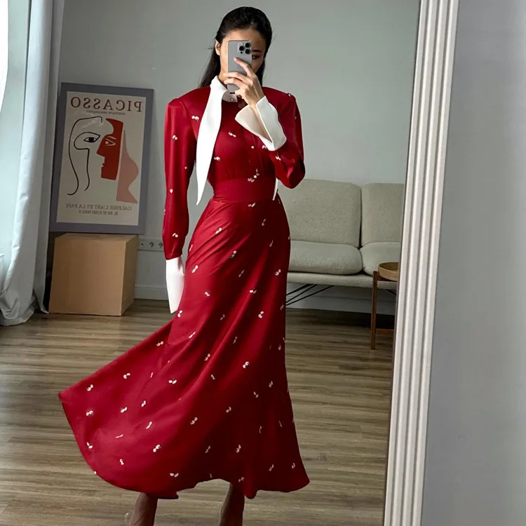 Elegant Satin Printed Long Dress Women's High Waist Patchwork Commute Slim Autumn Contrast Dress Female Maxi Dress