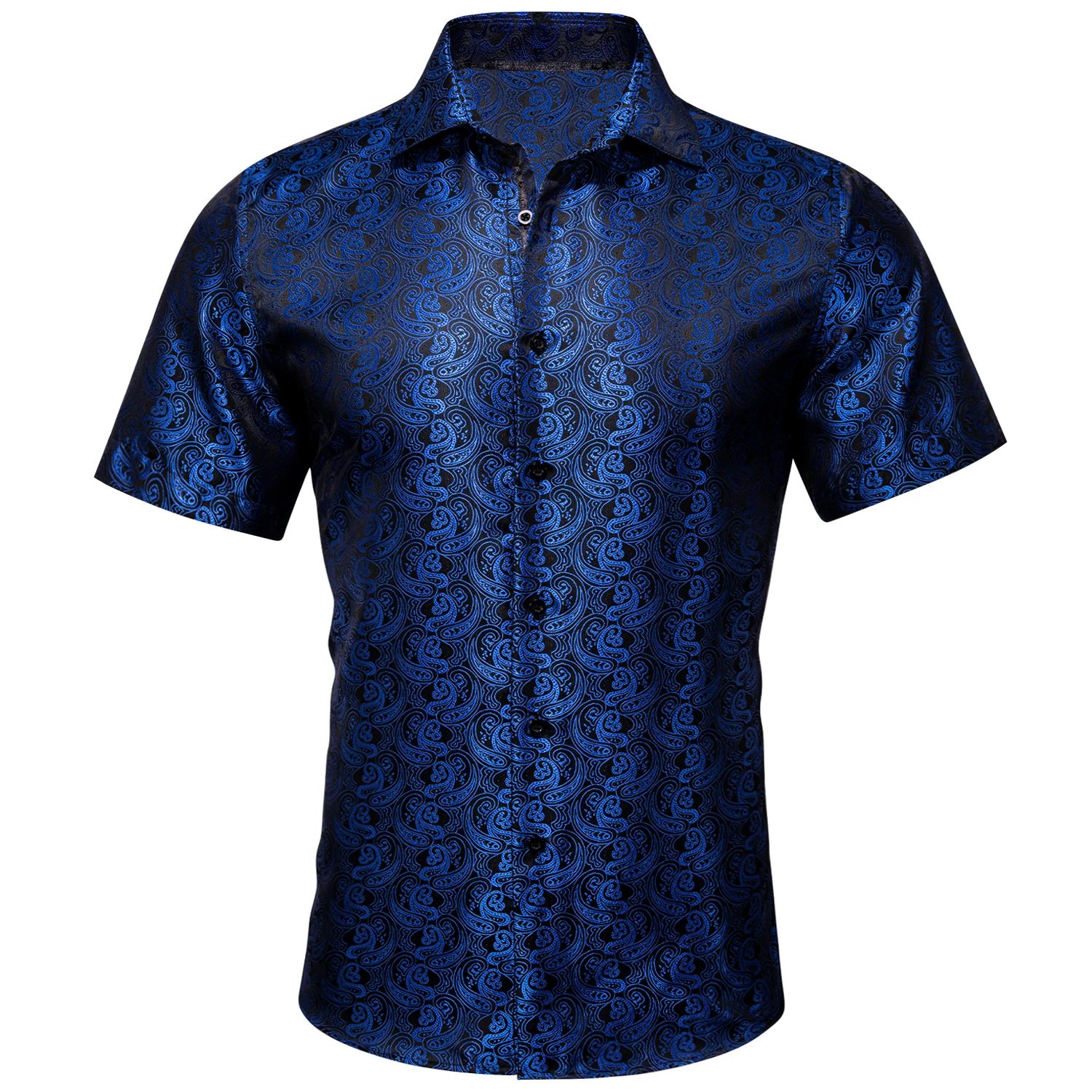 

Barry.Wang Luxury Navy Blue Paisley Mens Summer Fashion Silk Casual Shirt Stylish Lapel Pattern Short Sleeve Shirt Male Blouse
