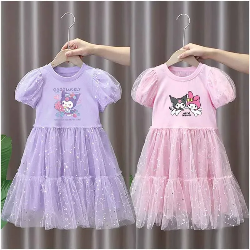 

Sanrios My Melody Kuromi Anime Cute Girl Summer Short Sleeve Gauze Skirt Party Princess Style Dress Children Clothing Dresses