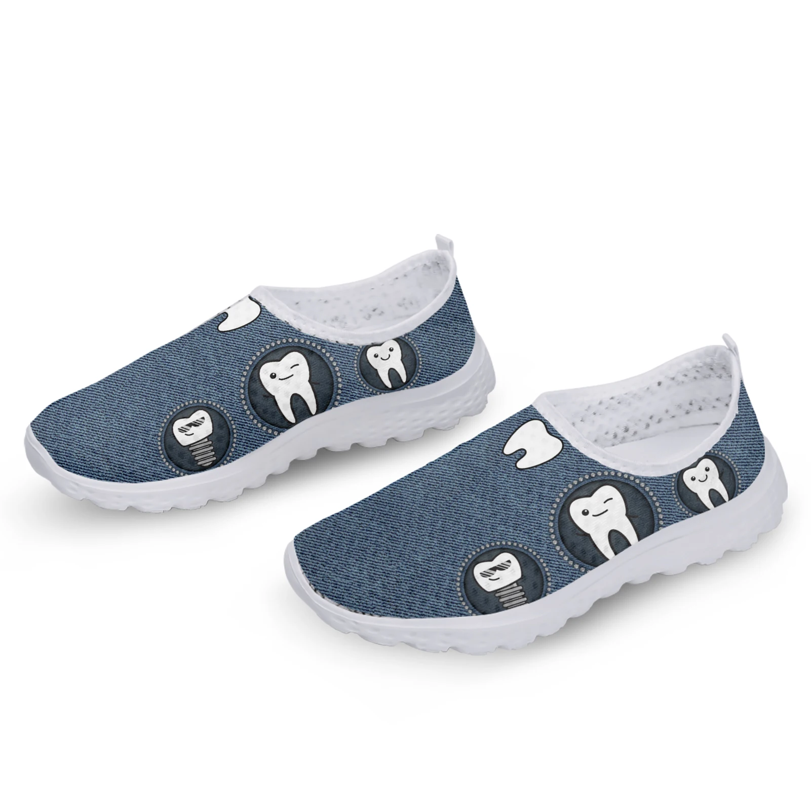Cartoon Teeth Print Ladies Casual Slip On Dental Flats Comfortable Summer Breathable Mesh Shoes Zapatos Mujer