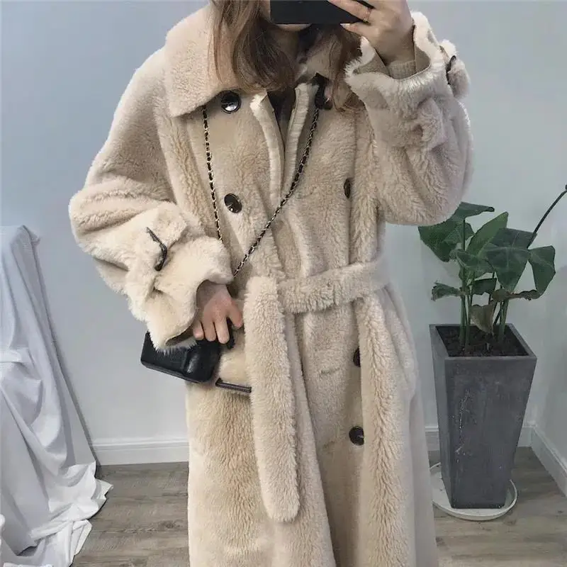 2023 New Women Faux Fur Coat Thicken Warm Long Outwear Winter Loose Fashion Korean Wool Parkas Temperament Solid Color Outcoat