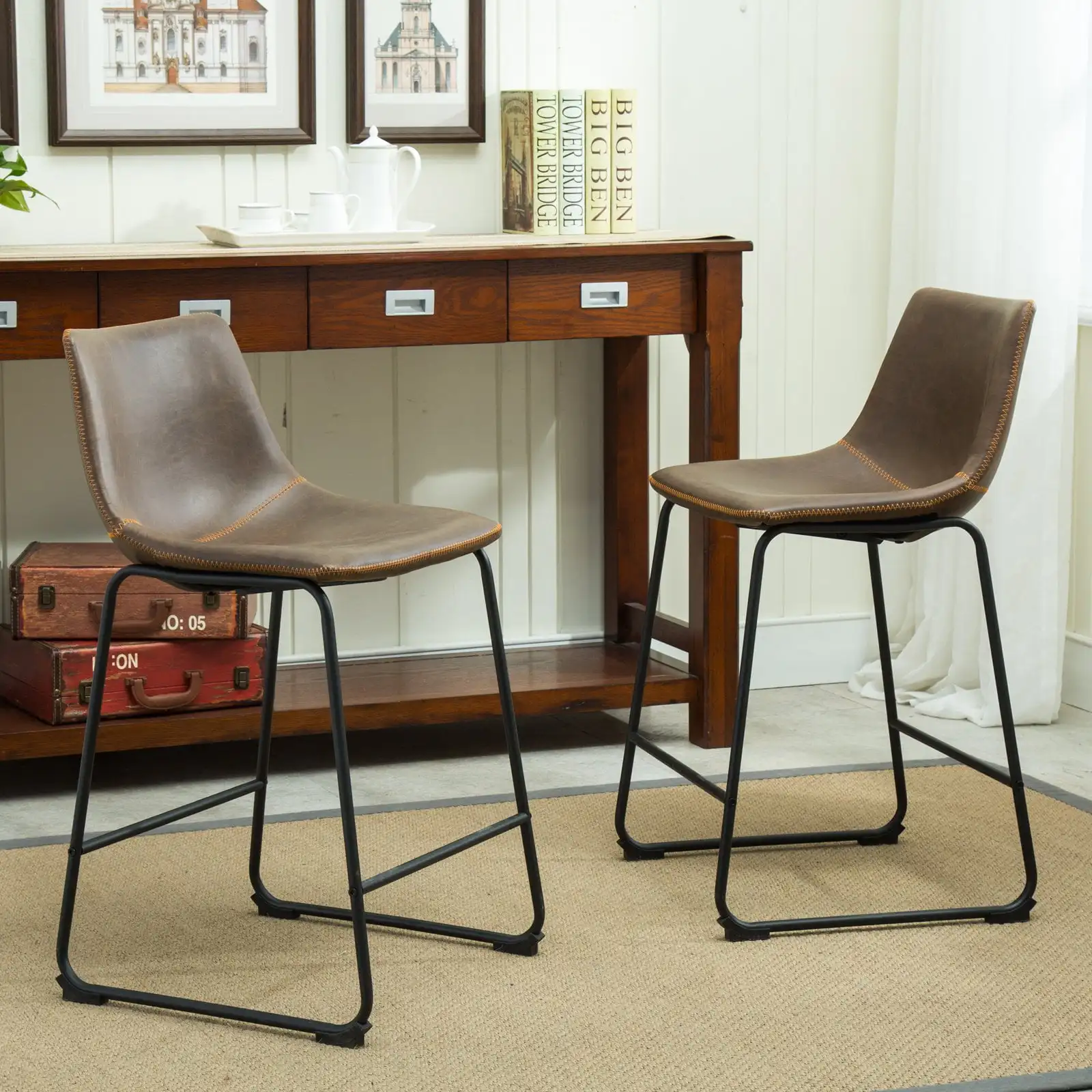 

Set of 2 Counter Height Stools PU Leather Brown Kitchen Bar Chairs