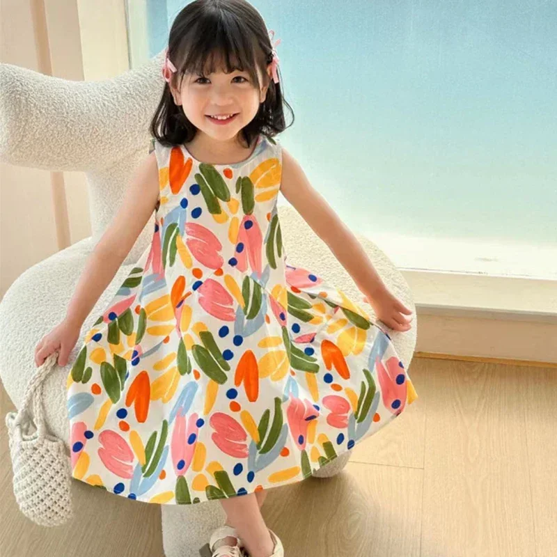 

New Girl Princess Dresses Summer Girls Dress Bright Patterns Loose Beach Skirt Solid Cotton Quality Kids Fashion Casual Children