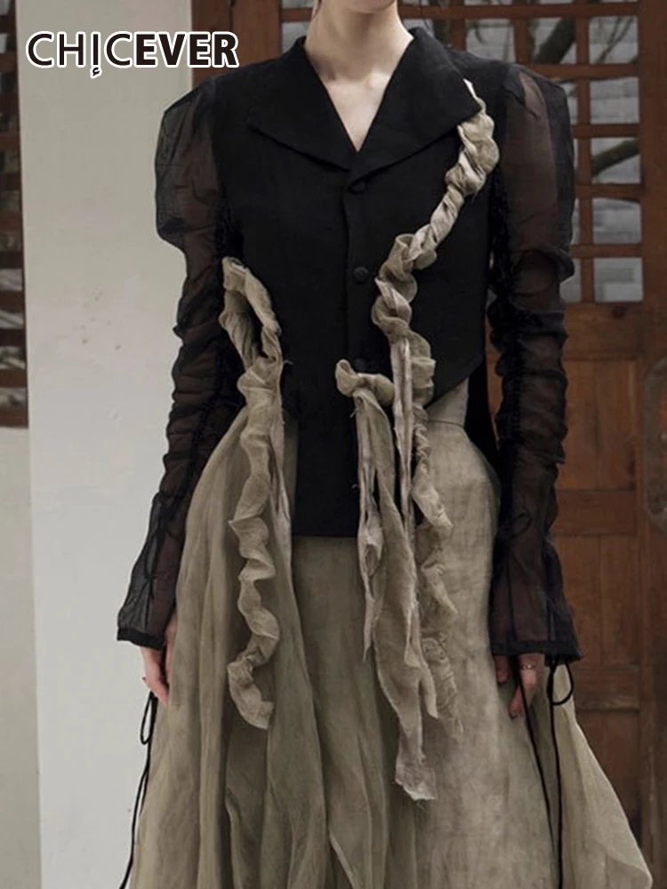 

CHICEVER Patchwork Shirts For Women Lapel Puff Sleeve Single Breasted Slimming Folds Spliced Mesh Hit Color Blouse Female Spring