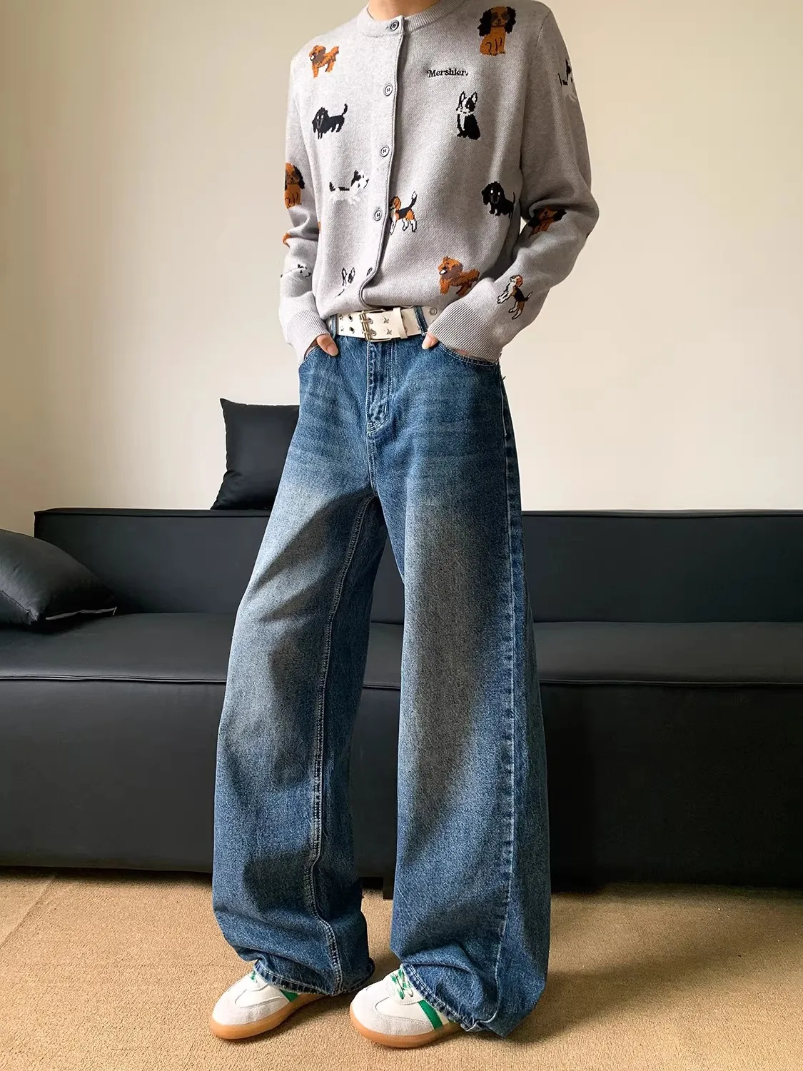 Women's Loose Straight Leg High Street American Style Jeans Wide Leg Trousers with Patch Design Couple Trendy Brand
