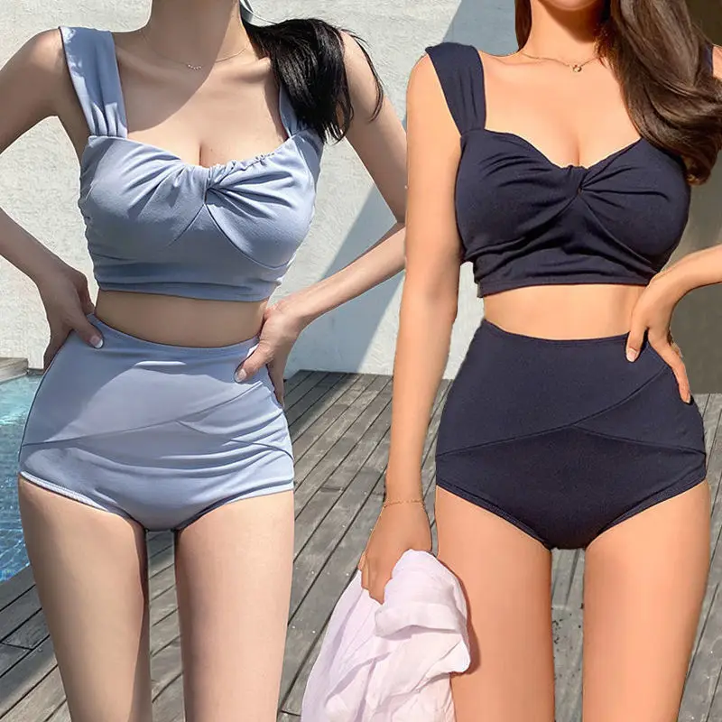 New Japanese and Korean Women's Split High Waist Conservative Swimwear Sexy Backless Solid Color Hot Spring Bikini Swimwear