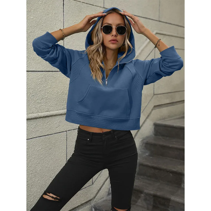 2023 New Autumn Fashion Trendy Casual Half Zipper Pullover Hooded Comfortable Commuter Women's Sweatshirt Brushed Short Sweater