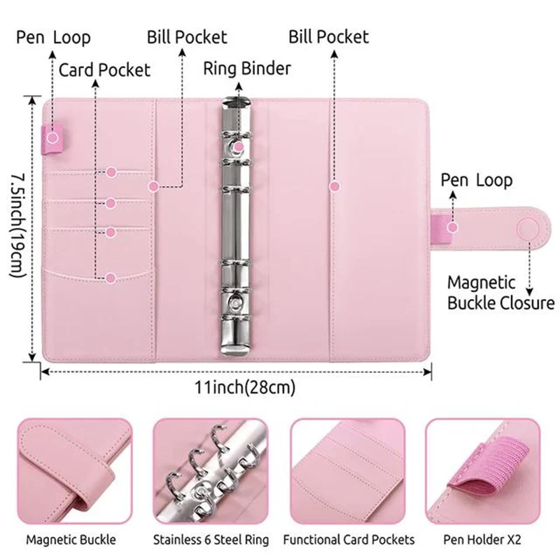 A6 PU Leather Budget Binder Notebook Cash Envelopes System Set Binder Pockets for Money Budget Saving Bill Organizer
