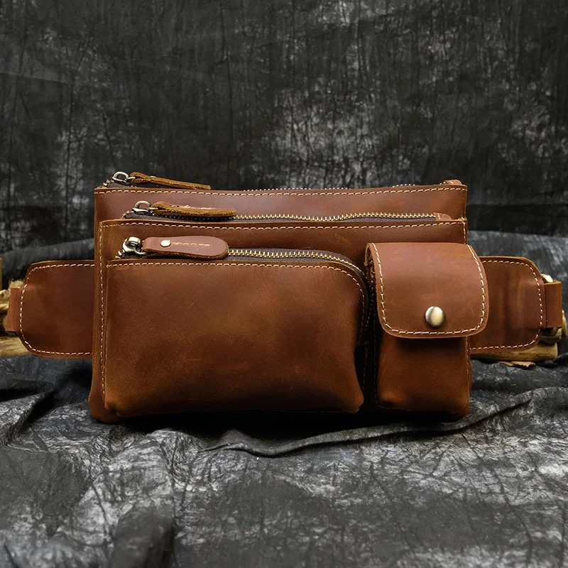 Leather Waist Bag Outdoor Men Fanny Pack with 3 Zipper