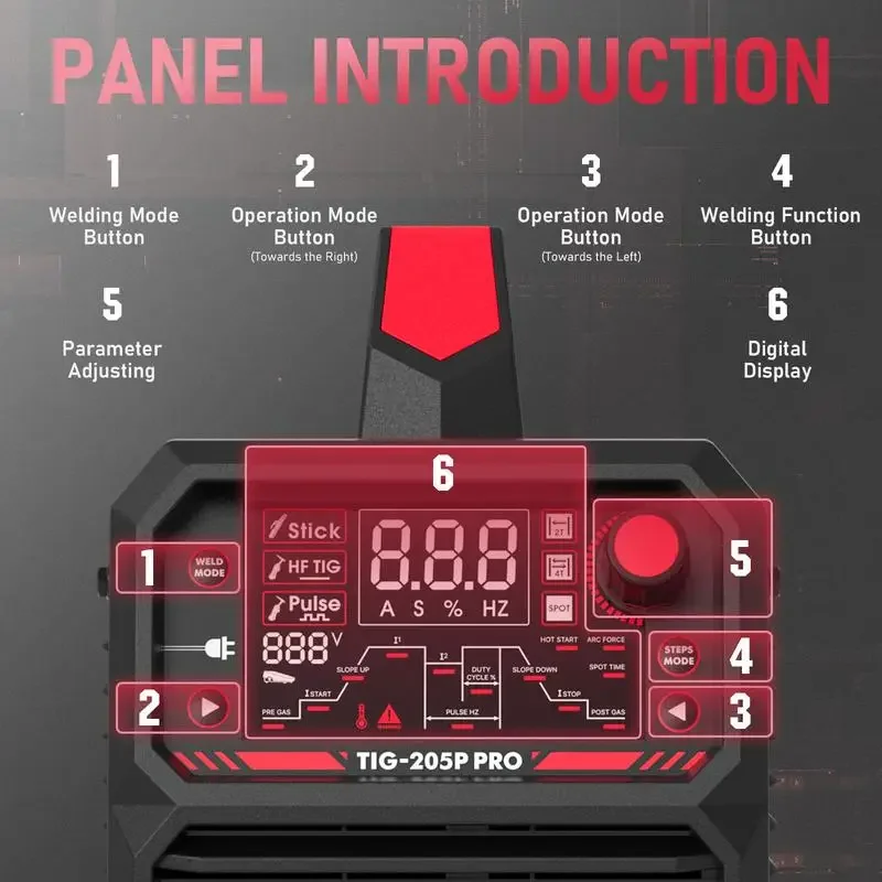 YESWELDER TIG-205P-PRO Pulsed 205Amp TIG Welder, Stick/DC TIG/Pulse TIG 3-In-1 IGBT Inverter Large LED Digital Display 4