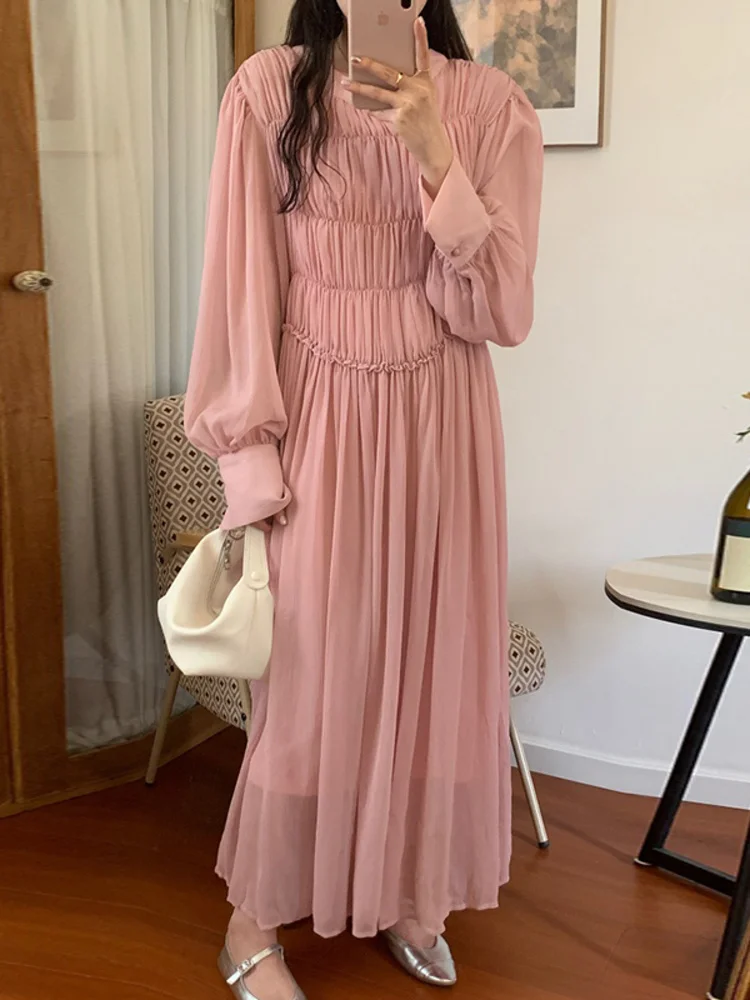 

Soft O Neck Pleated Waist Dress For Women Long Sleeve Chiffon Maxi Dresses 2023 Spring Summer New Fashionable Vestido M706