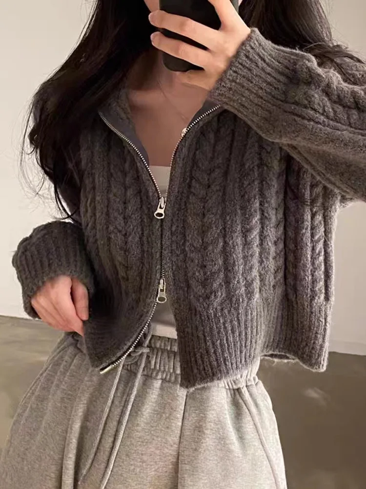 Autumn and Winter Fashion New Women's Long-sleeved Zipper Sweater Slim-fitting Elegant Lapel Top Knitwear