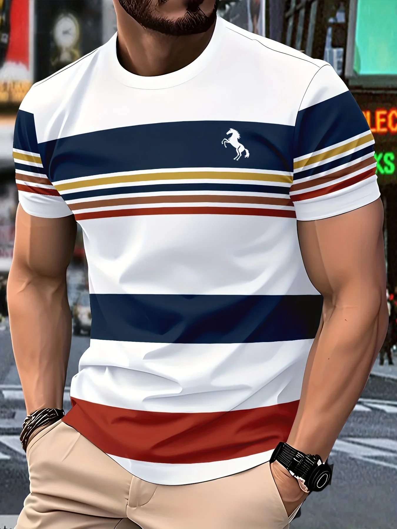 Modisches Herren-T-Shirt mit Streifenmuster, Kurzarm, Sommer-Freizeitkleidung, Trendiges Streetwear-Rundhals-Oberteil für den Alltag