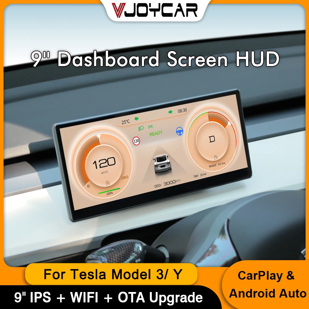 Vjoycar Smart Display per Tesla Model 3 Y Digital HUD Cruscotto Head Up Display CarPlay Android Auto Misuratore di strumenti da 9 pollici