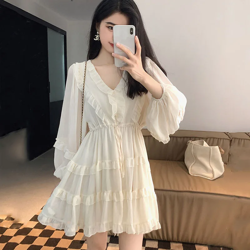 

Lucyever 2023 Spring New Chiffon Dress Woman Elegant Long Sleeve A Line Dresses Female Ruffles V-Neck Party Evening Mini Dress