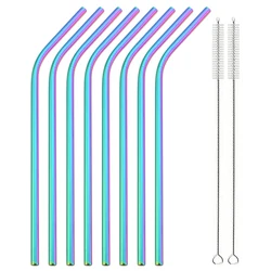8 - Piece Colorful Reusable Bent Stainless Steel Straws Set with Cleaning Brush (Rain)