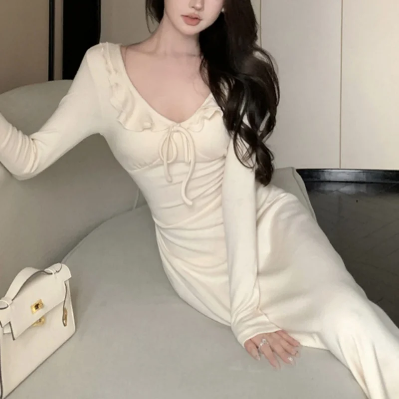Women Dress y2k Clothes Solid Color Ruffle Tie Up V Neck Long Sleeve Bodycon Long Dresses Party Dresses Streetwear