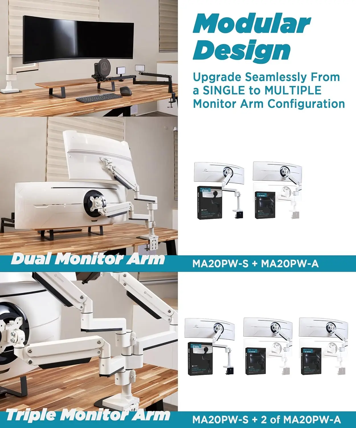 Heavy Duty Monitor Arm for Ultrawide Monitors up to 57" and 44 lbs, Single Desk Stand, Pneumatic Height Adjustable, Modular