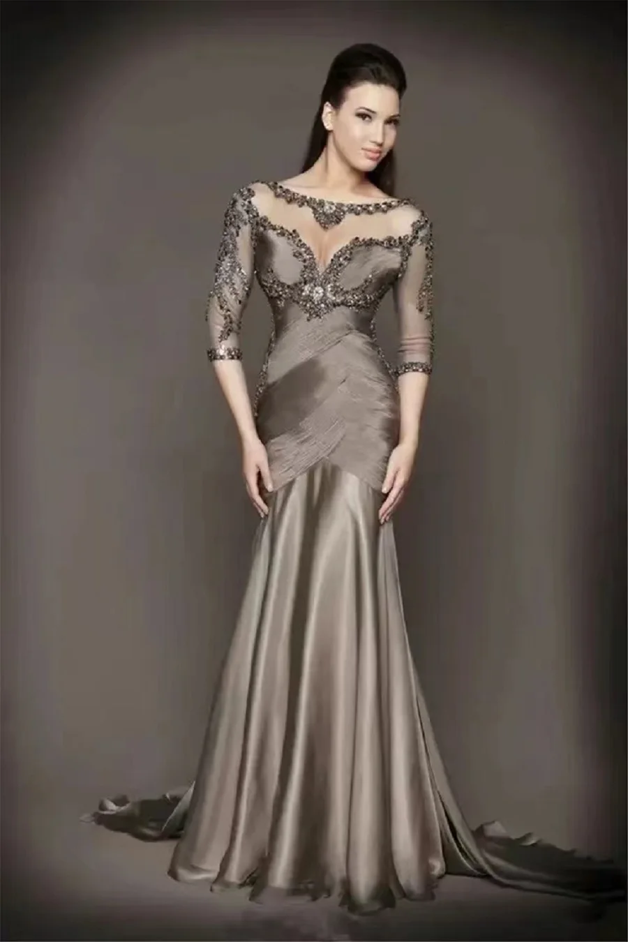 

Plus Size Mermaid 3/4 Sleeves Chiffon Mother Of The Bride Dresses Beaded Crystals Groom Long Mother Dresses For Wedding