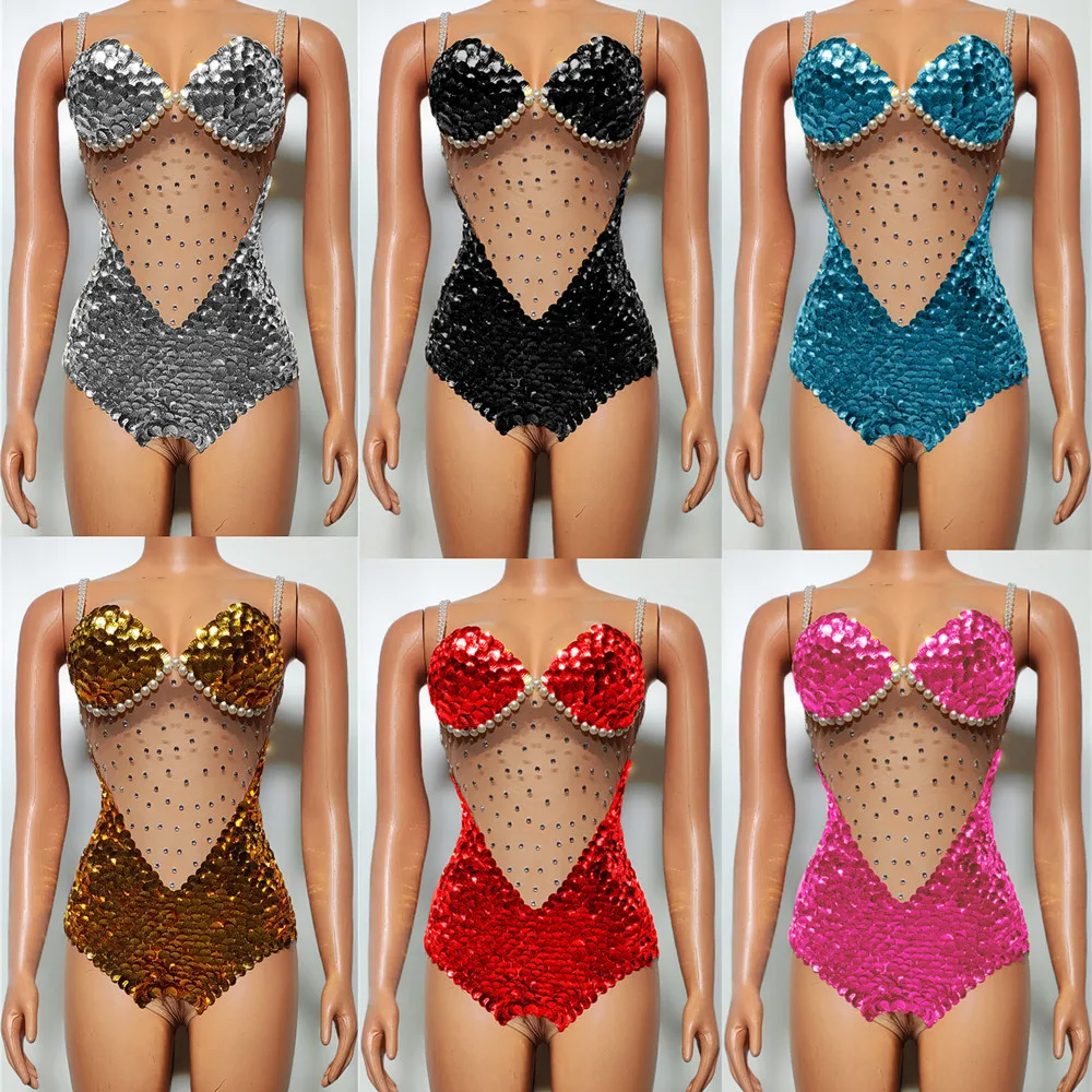 Dance Team Shiny Sequins Beads Bodysuit Stage Wear Sexy Nightclub Bar Stage Rhinestones Leotard Singer Show Performance Costume