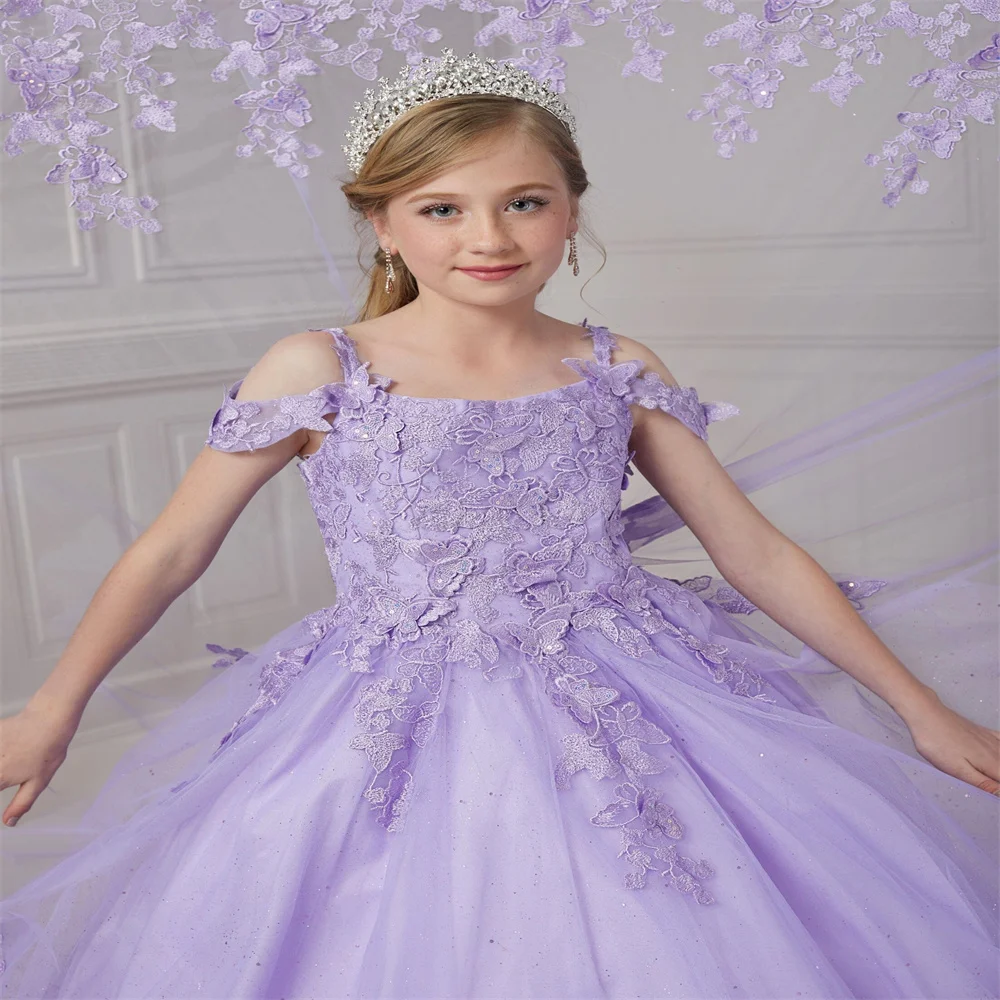 Flower Girl Dress Lilac Puffy Wedding Tulle With Applique Thin Shoulder Strap Princess Dresses Kids Party Birthday Ball Gown