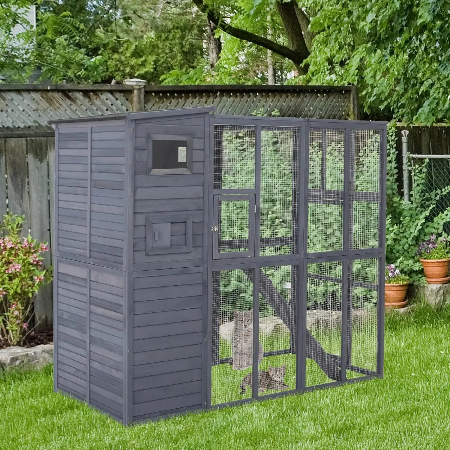 Outdoor Catio Cat House Wooden Feral Cat Shelter Cage with Platforms Waterproof Asphalt Roof Ramps 77" L Gray