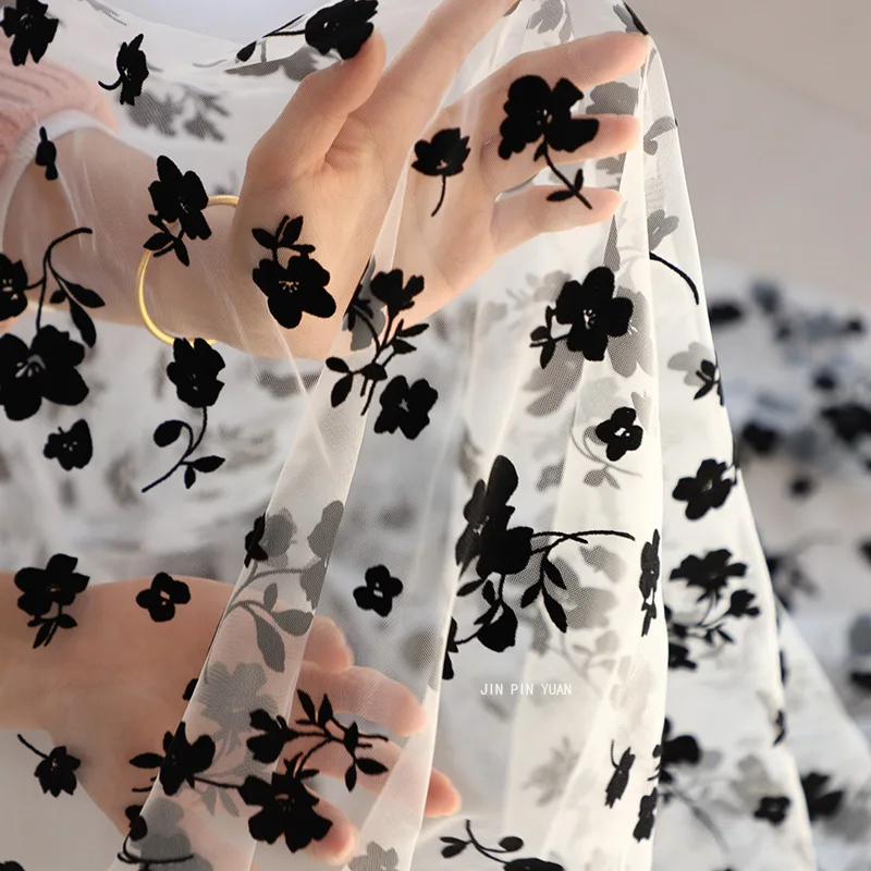 45x150cm/pc Black Flocked Rose Floral Sheer White Mesh Net Tulle Fabric  Sewing Dress Girls' Skirts Wedding Decor Veil Material