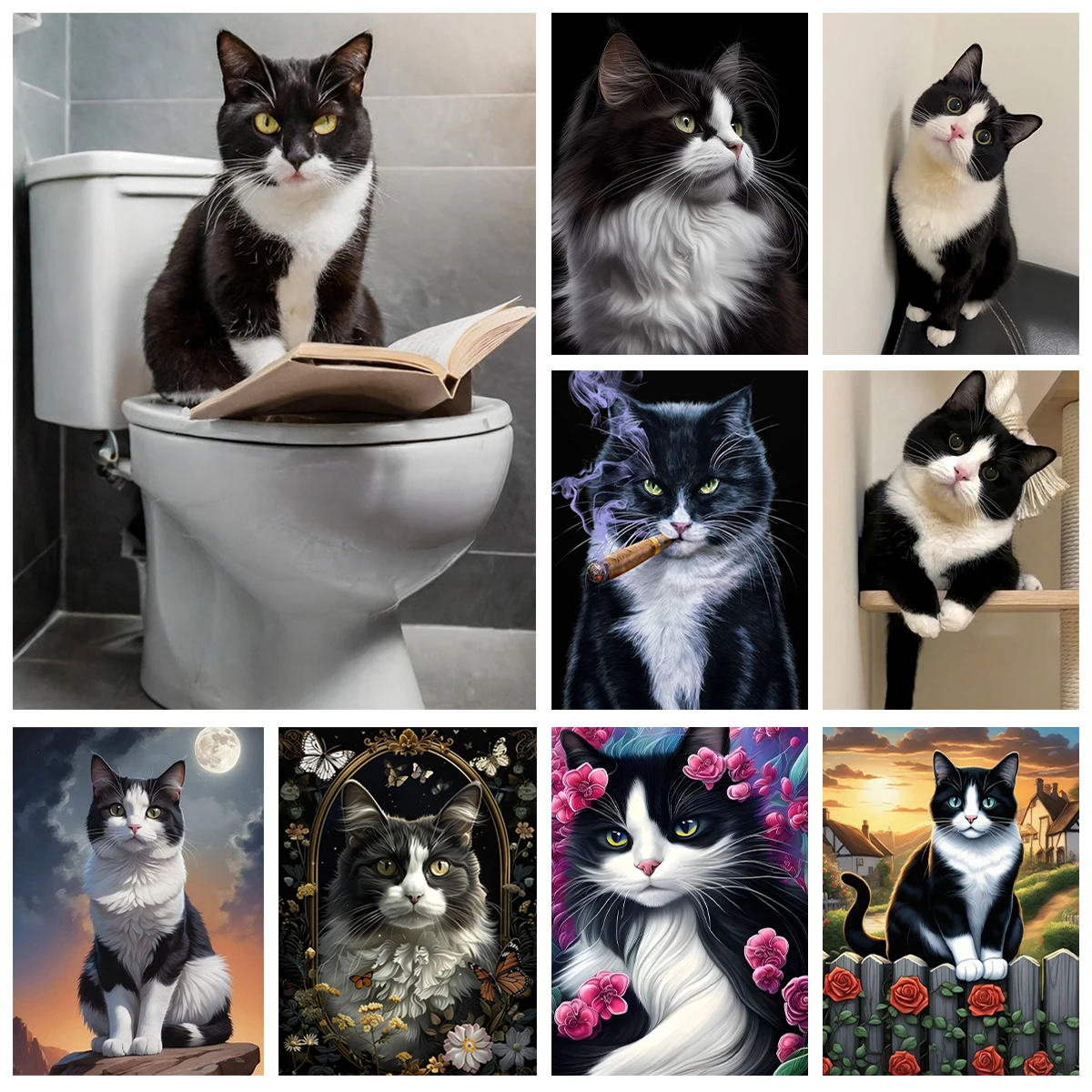 New Cow Cat DIY Diamond Painting Kit Black and White Cats Portrait Diamond Embroidery Mosaic Oil Painting Hand Gift Home Decor