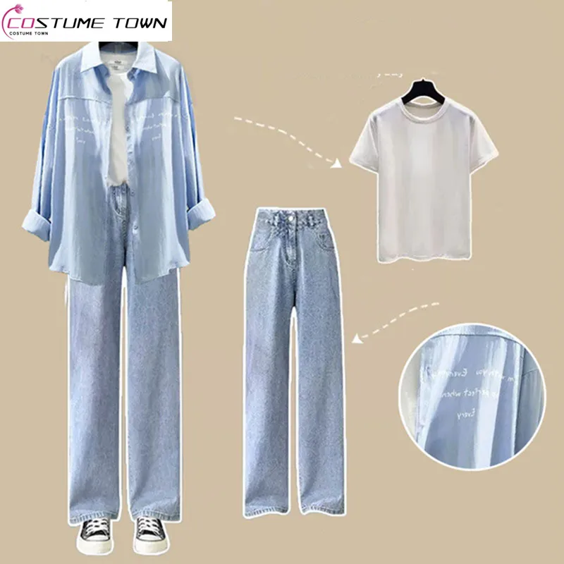 Spring Set Korean Loose Fitting Small Fresh Outerwear Shirt+T-shirt High Waisted Wide Leg Jeans Women's Three Piece Set