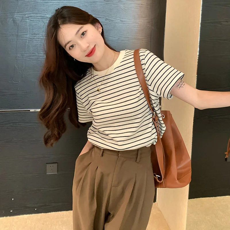 여성용 빈티지 스트라이프 티셔츠, 반팔 패션, 루즈하고 여유로운 올 매치, 시크한 프랑스 스타일, 문학적인 여성 기질, 여름