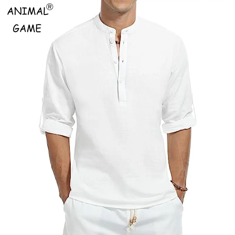 Mens Casual Cotton Shirt Long Sleeve Band Collar Henley Shirt Solid