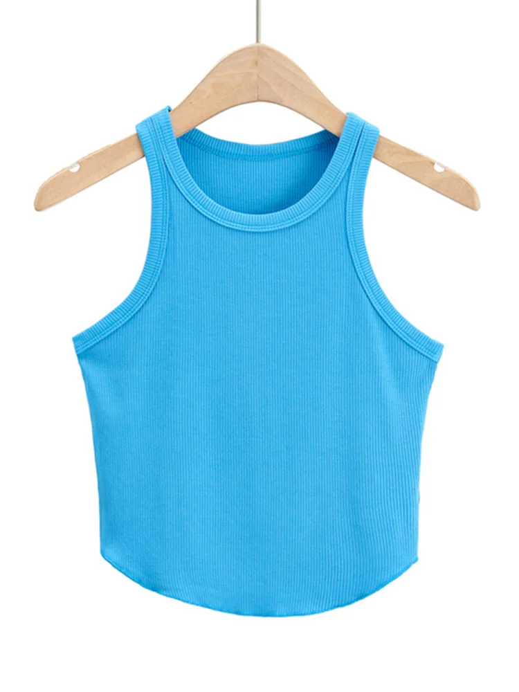 

2023 Summer Solid Knitted Crop Top Round Neck Sleeveless Tanks Narrow Shoulder Vest