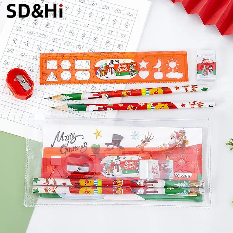 

5Pcs/set Christmas Stationery Gift Set Pencil Eraser Pencil Sharpener Ruler Student Writing Tools For Kid School Supplies