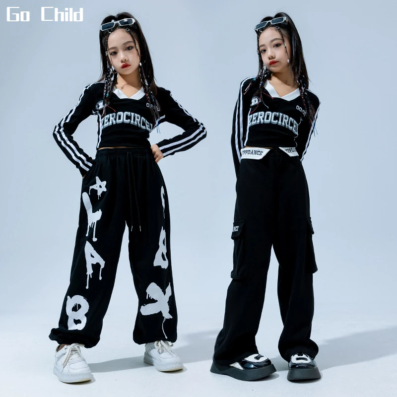 Hip Hop Girls Crop Polo Shirt Cargo Pants Kids Sweatshirt Street Dance Letter Joggers Child Streetwear Clothes Sets Jazz Costume