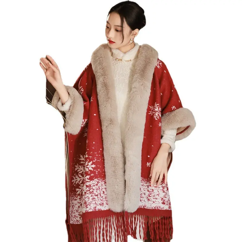 

Зимняя накидка-Ципао в стиле ретро, универсальная плюшевая утепленная шерстяная накидка с воротником в стиле знаменитостей, модная Свободная Женская шаль с кисточками, T1225